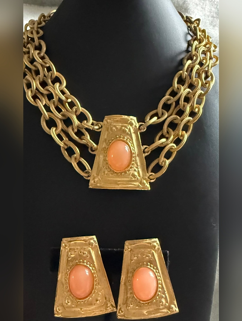 Givenchy Gold-Tone Multi-Chain Necklace and Peach Cabochon Earrings